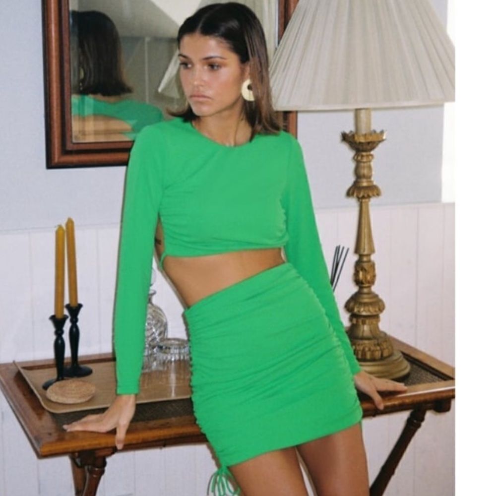 Zara cropped long sleeve ruched mini skirt set